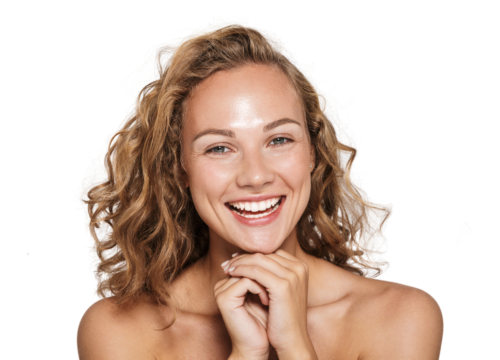 Smiling woman with blonde, curly hair
